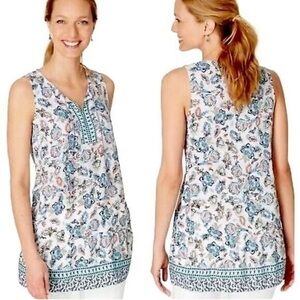 J Jill Floral Top M Petite Blue Floral Tassel Sleeveless Classic Tank NWOT